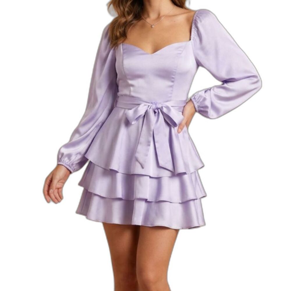 Lavender Satin Ruffle Mini Dress Size 6 Long Sleeve Sweetheart Coquette Princess